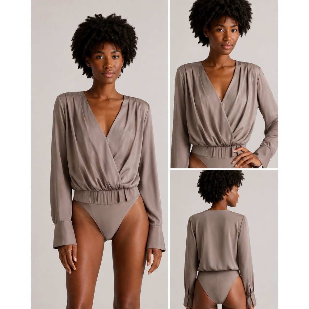 Quince Washable Stretch Silk Surplice Bodysuit Morel Grey Long Sleeve Womens Lrg